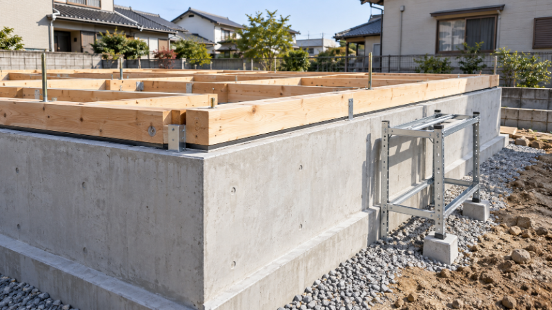 高く立ち上げたコンクリートの基礎と、室外機を置く高い架台がある新築木造住宅の工事現場
