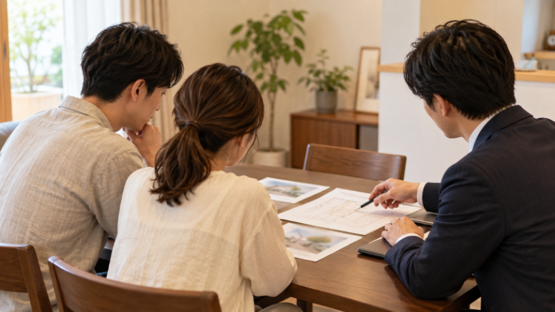 住宅ローンの相談窓口のような落ち着いた空間で、夫婦が資料を見ながら固定金利の説明を聞いている様子