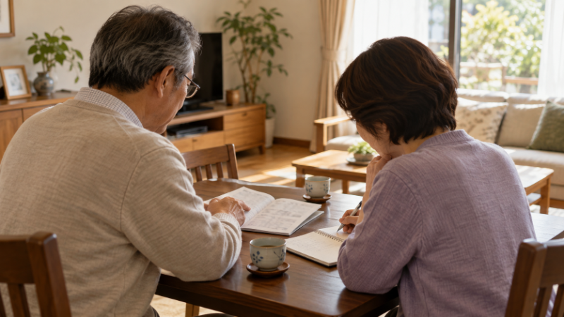 定年後の夫婦が、返済を終えた自宅のリビングで家計簿を広げて穏やかに話している様子