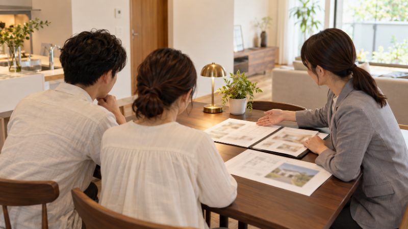 明るい住宅の打ち合わせスペースで、担当者が夫婦に資金計画の資料を示しながら説明している様子