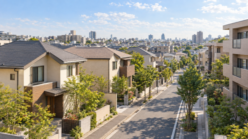首都圏の住宅街に、築年数の違う一戸建てと低層マンションが並んでいる穏やかな街並み