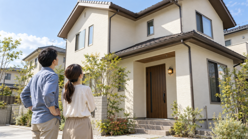 築年数のたった木造の一戸建ての前で、夫婦が外壁や屋根を見上げながら建物の状態を確かめている様子