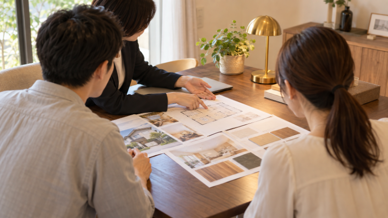 明るい打ち合わせスペースで、担当者が夫婦に中古住宅の資料を示しながら説明している様子