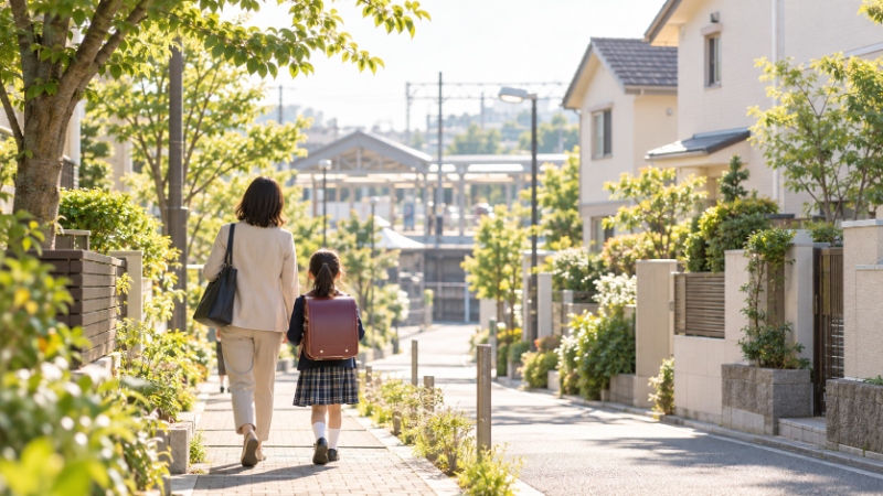 東武東上線の上板橋駅に近い住宅街の朝、通勤に向かう親と登校する子どもが並んで歩く様子