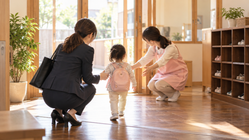 保育園の入口で、仕事に向かう母親が先生に子どもを預けている朝の様子