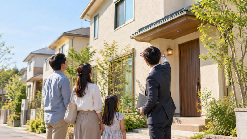 住宅街の一角で、家族が建売住宅の外観を見上げながら担当者の説明を聞いている様子
