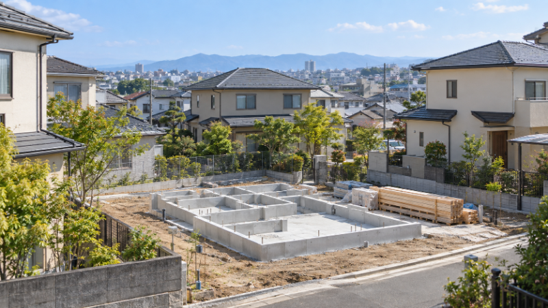 住宅街の一角で、新築一戸建ての基礎工事が始まっている現場の様子