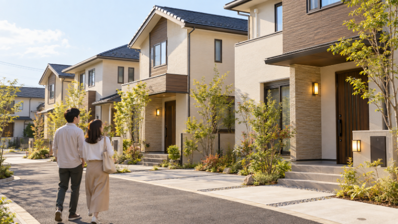 完成間近の建売住宅が数棟並ぶ分譲地を、夫婦が歩きながら見て回っている様子