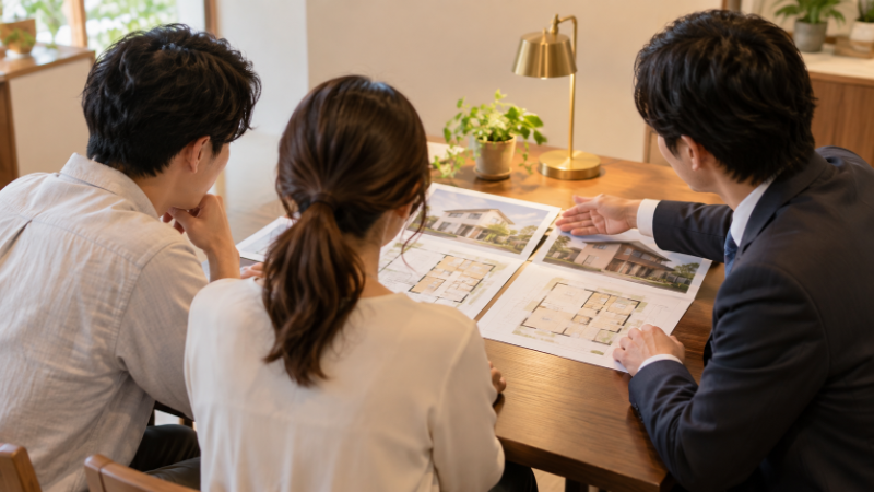 打ち合わせスペースで、担当者が夫婦に建売住宅と注文住宅の資料を並べて説明している様子