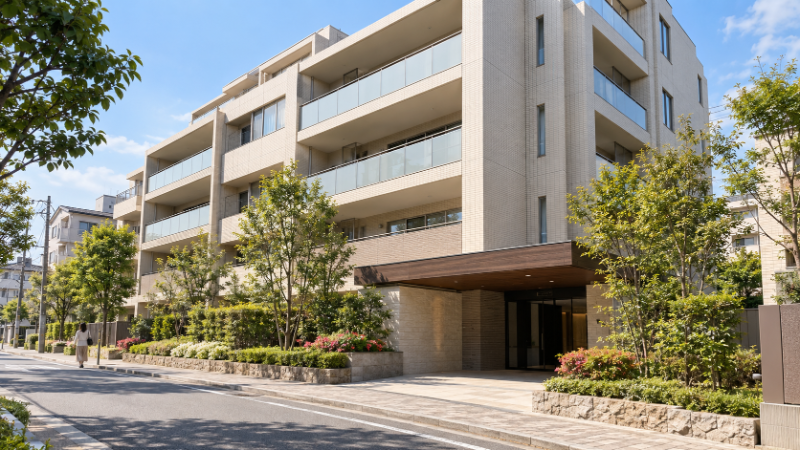 首都圏の住宅街に建つ中層の分譲マンションの外観。手入れされた植栽とエントランスが見える晴れた日の様子