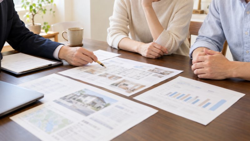 不動産会社の打合せテーブルで、夫婦が担当者と一緒にマンションの資料と長期の計画表を確認している手元の様子