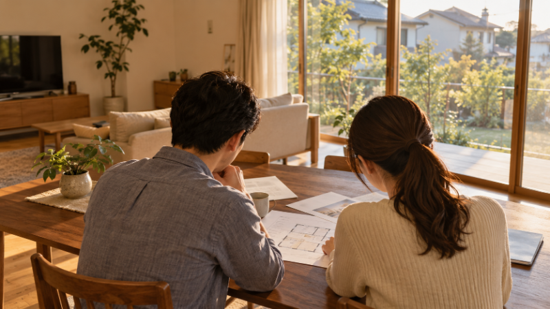 生成り色の壁のリビングで、夫婦が保険の書類と家の図面をテーブルに広げて話し合っている後ろ姿