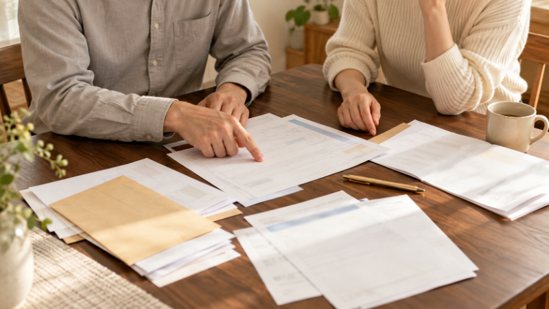 生成り色の壁のダイニングで、会社員の夫婦が封書と書類を広げて年末調整の用紙を確かめている手元