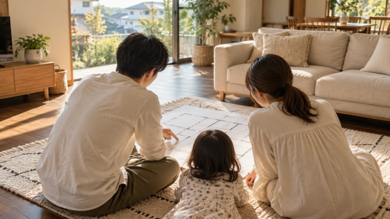 明るいリビングで、床に広げた家具の配置図を囲んで話す夫婦と小さな子どもの後ろ姿