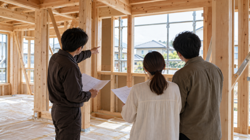 建築中の木造住宅の内部で、設計担当者と夫婦が図面を手に窓の位置を確かめている様子