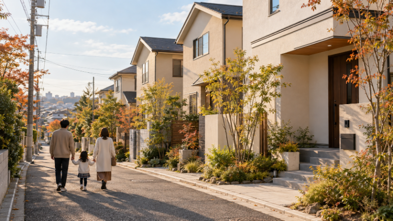 東京の住宅街に並ぶ塗り壁の新築一戸建てと、手前の道を歩く家族の後ろ姿