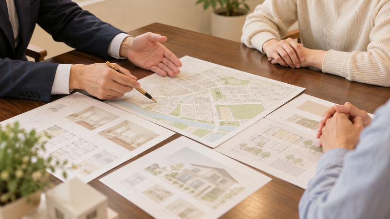 相談室で担当者が夫婦に住宅街の地図と資料を示して説明している手元