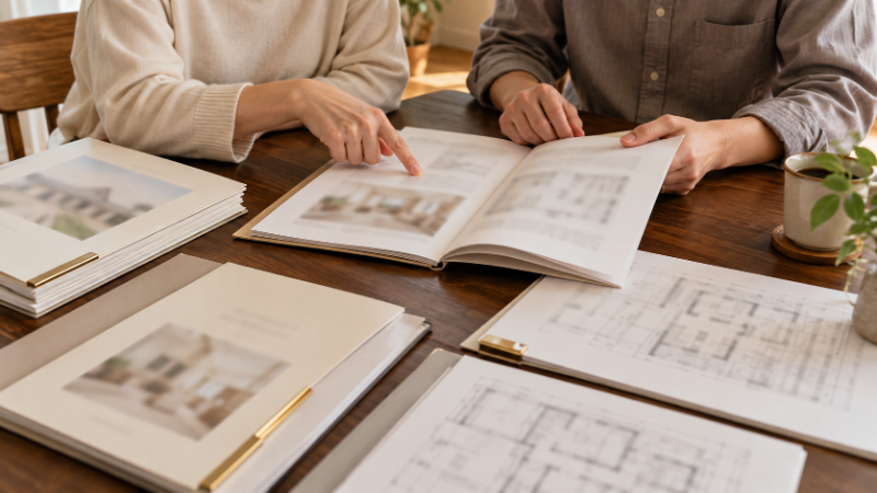 打合せ机に並べた住宅の書類を指さして確かめる夫婦の手元