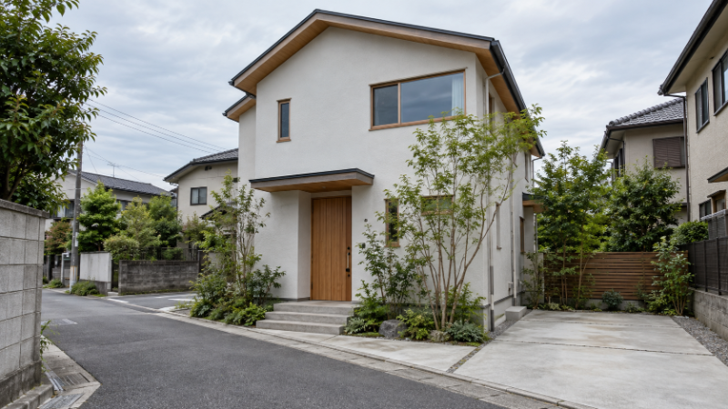 白い塗り壁と木の玄関扉の新築木造2階建ての外観