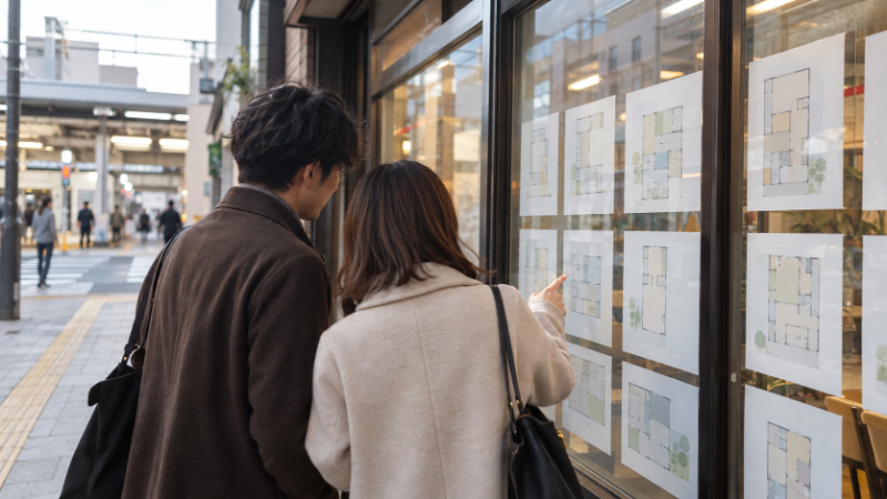駅前の不動産会社の窓に並んだ物件資料を見比べる夫婦の後ろ姿