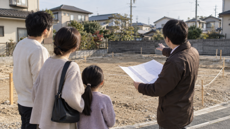 建物が建つ前の分譲地で、区画の杭の前で図面を見ながら話す家族と担当者