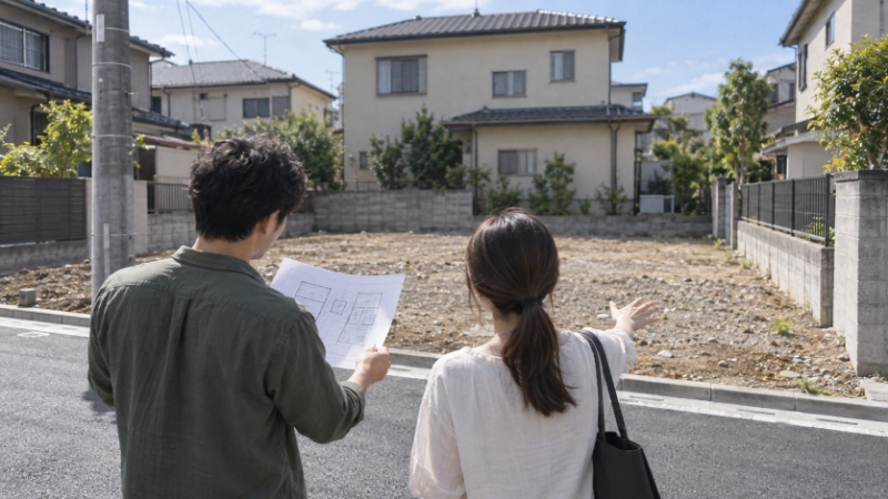 住宅地の空き地の前で、夫婦が図面を手に敷地の間口を見ている後ろ姿（イメージ）