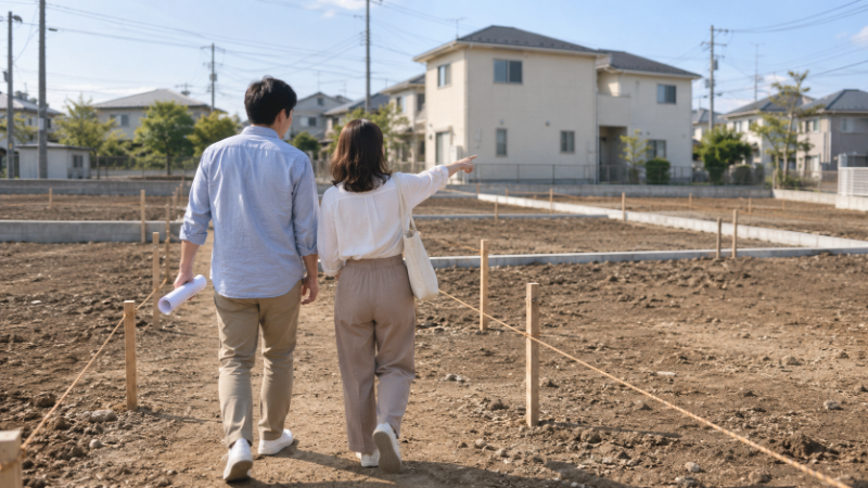杭とロープで区切られた分譲地の区画の間を、夫婦が歩いて見ている後ろ姿(イメージ)