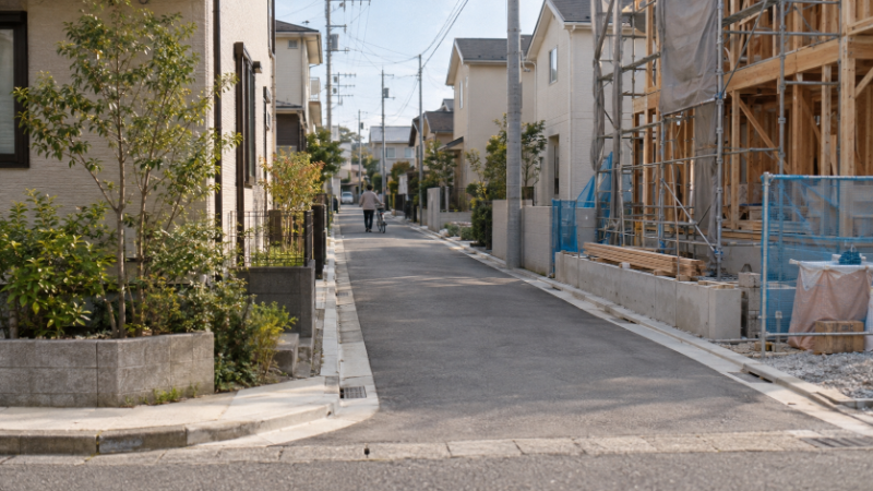 分譲地の中に通された私道と、両側に並ぶ区画と住宅の街並み(イメージ)