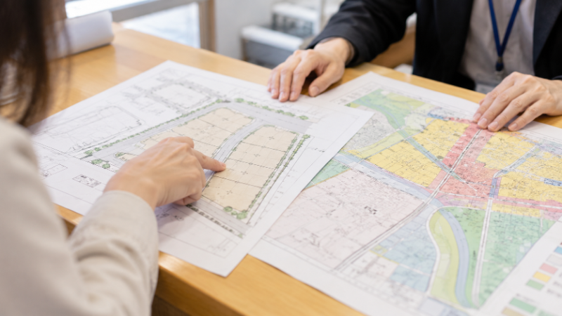 区役所の窓口で、分譲地の区画図と都市計画図を並べて確かめている手元(イメージ)