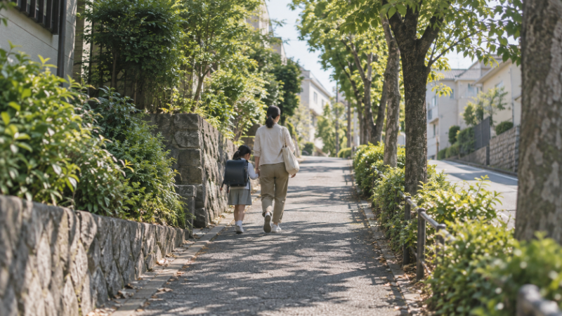 街路樹の坂道を手をつないで登る子どもと大人の後ろ姿(イメージ・AI生成)