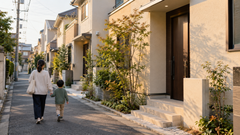 東京の住宅街に並ぶ塗り壁の新築一戸建てと、手前の道を歩く親子の後ろ姿