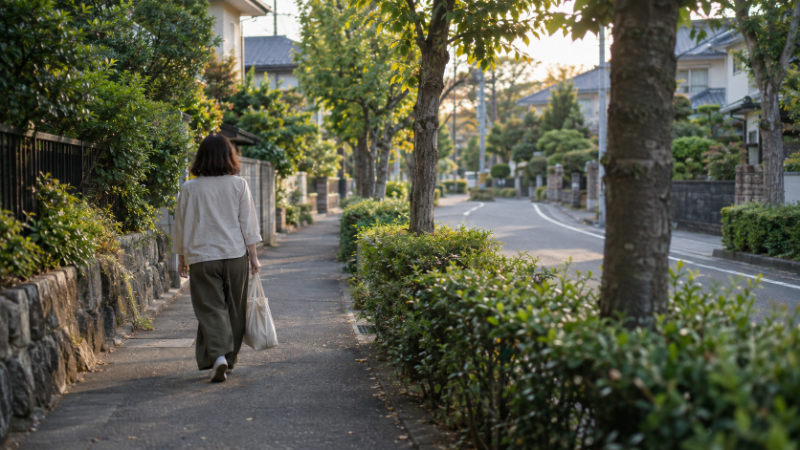 住宅街の歩道を買い物袋を提げて歩く人の後ろ姿（イメージ・AI生成）