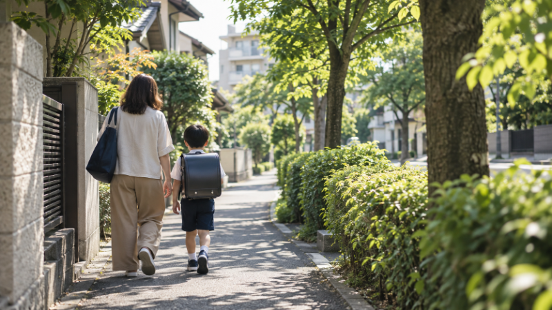 住宅街の歩道を並んで歩くランドセルの子どもと大人の後ろ姿（イメージ・AI生成）
