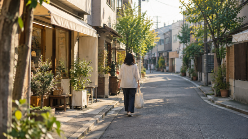 商店と住宅が並ぶ通りを、買い物袋を提げて歩く人の後ろ姿(イメージ・AI生成)