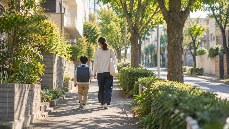 住宅街の歩道を並んで歩くランドセルの子どもと大人の後ろ姿(イメージ・AI生成)