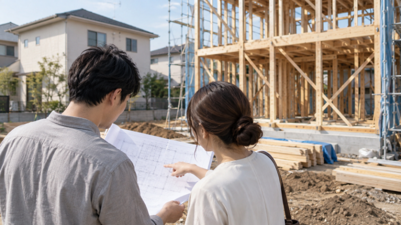 建築中の木造住宅の前で、夫婦が間取り図を指さして話している後ろ姿（イメージ）