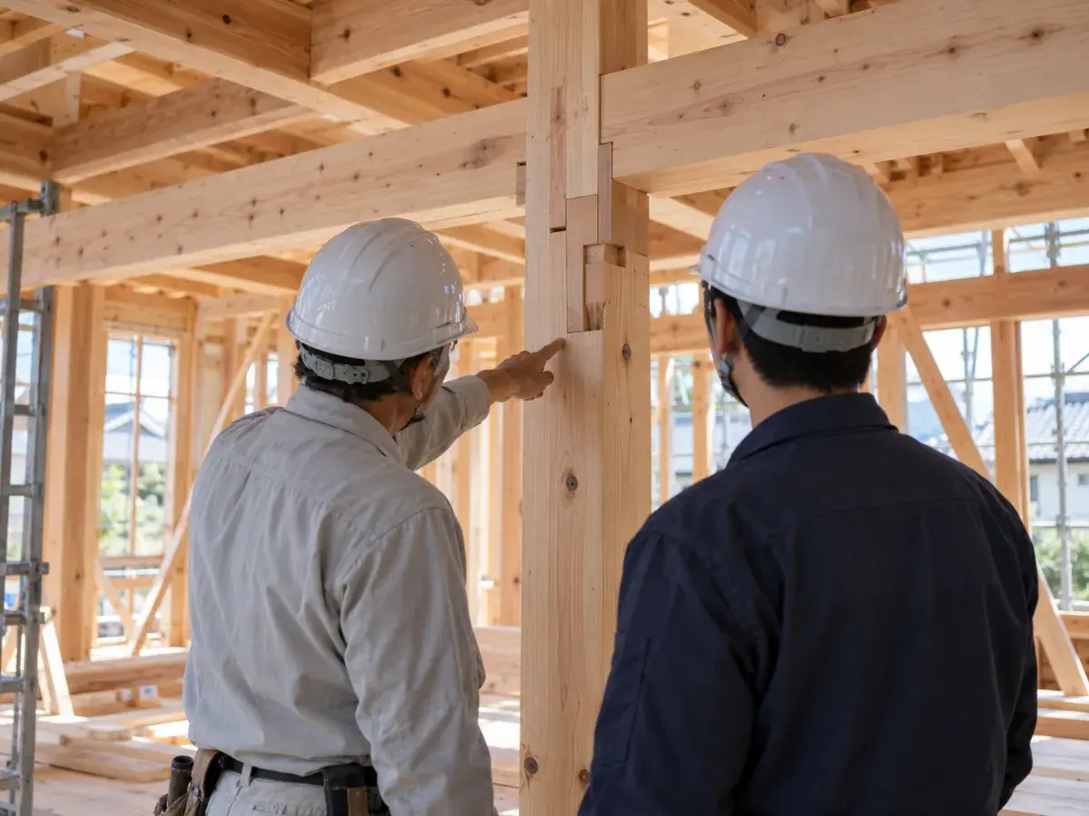 建築中の現場で継手を説明する様子（イメージ）