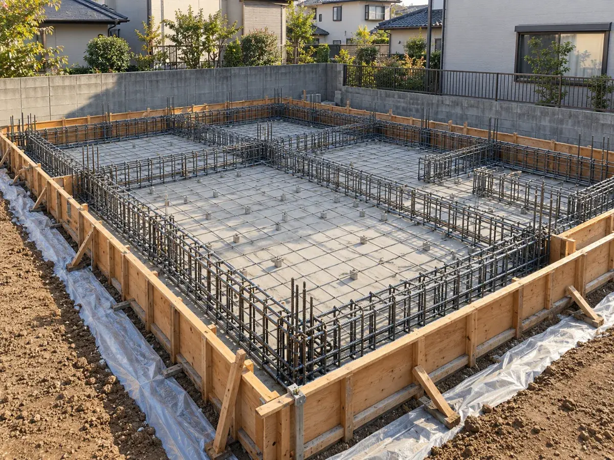 配筋が終わったベタ基礎（イメージ）